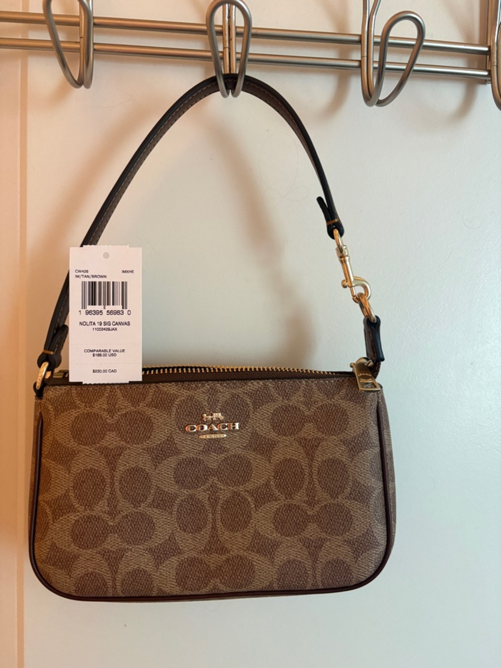 COACH Brown Signature Canvas Mini Shoulder Bag with Gold Hardware